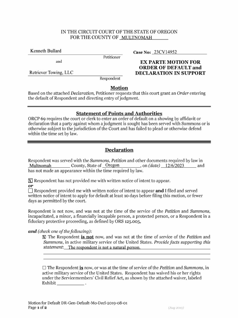 ExParte Motion Default and Declaration 3-20-24 | PDF