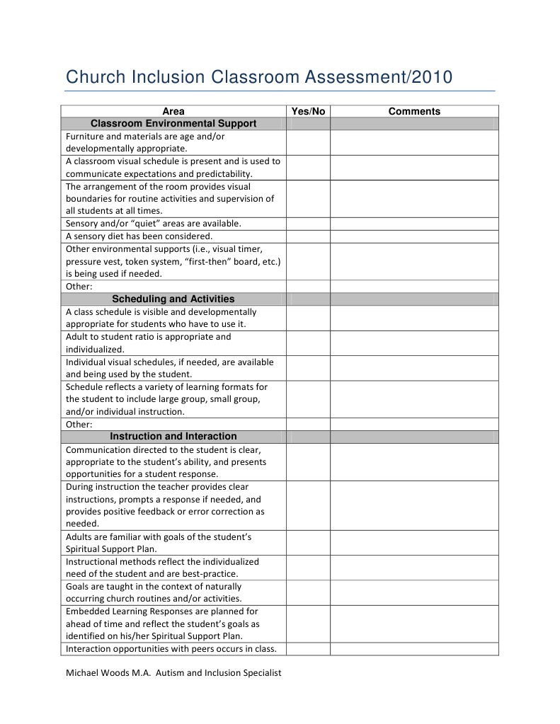 Church Inclusion Classroom Assessment | PDF | Inclusion (Education ...