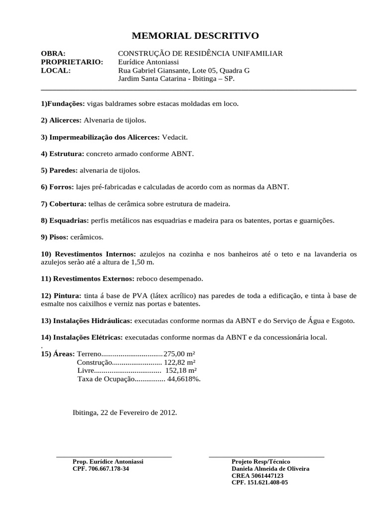 Memorial Descritivo Residêncial | PDF