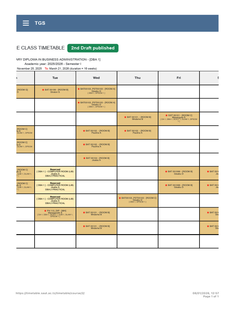SAUT-ATTGS - Course Timetable | PDF