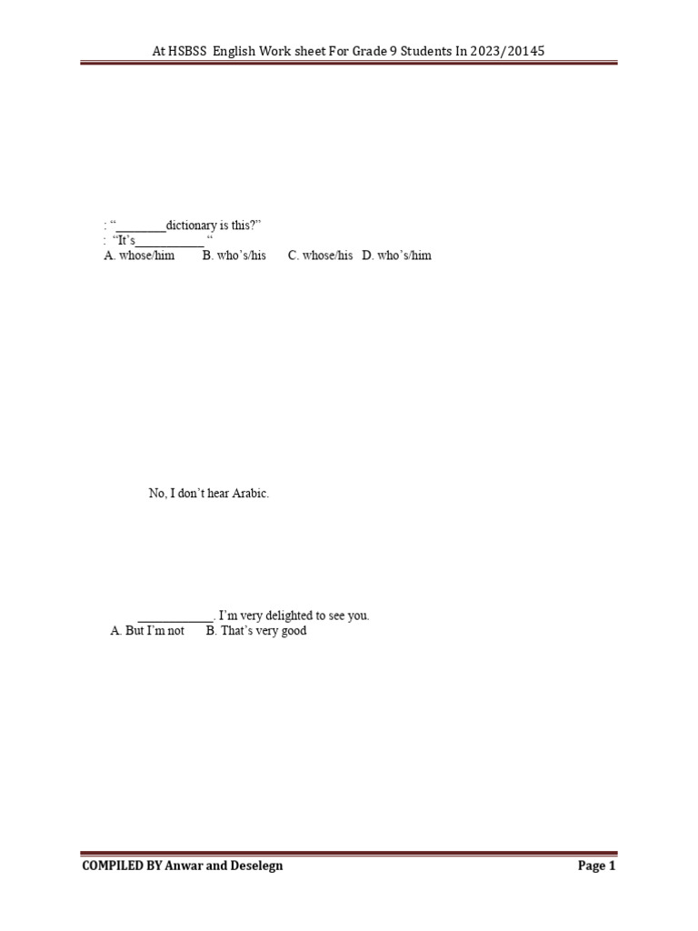 Best ENG Worksheet For Grade 9-1 | PDF