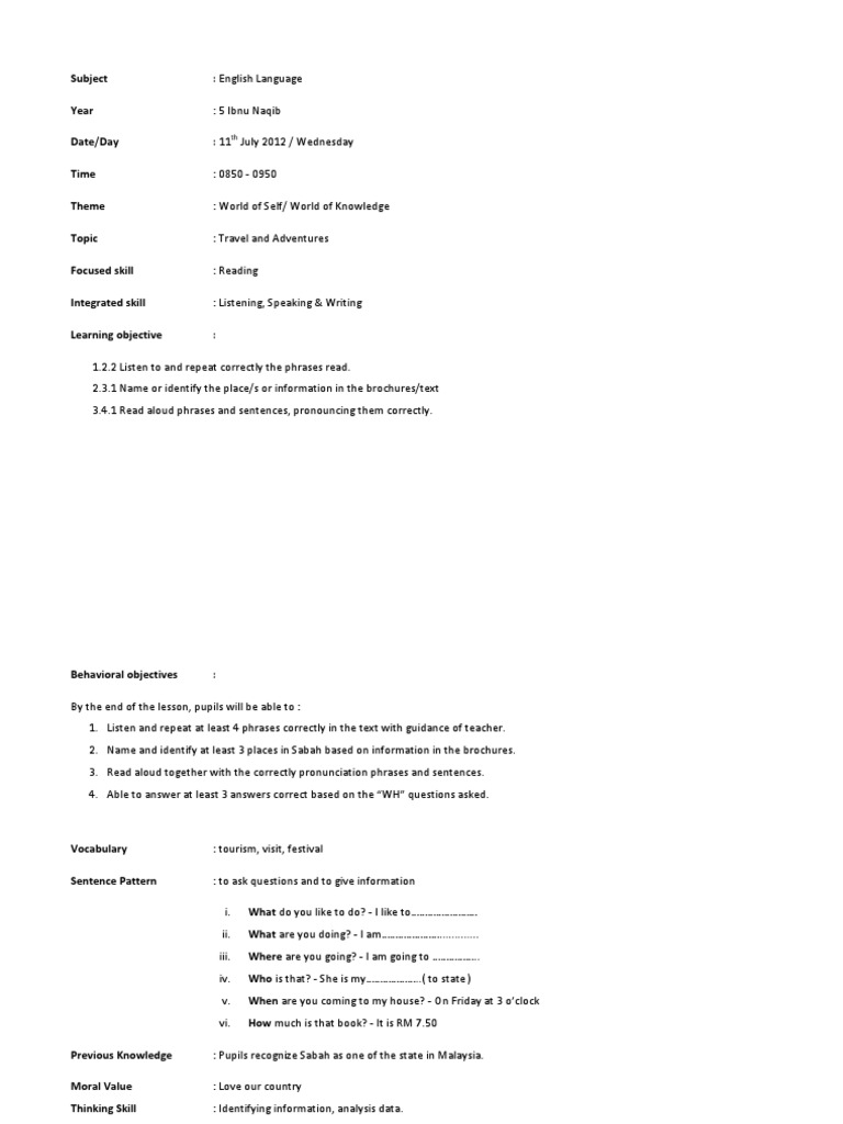 lesson plan english year 5 | Question | English Language
