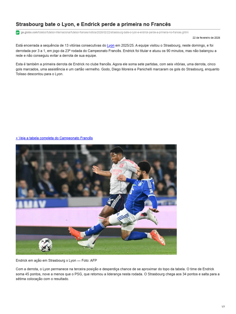 Strasbourg Bate o Lyon e Endrick Perde A Primeira No Francês | PDF