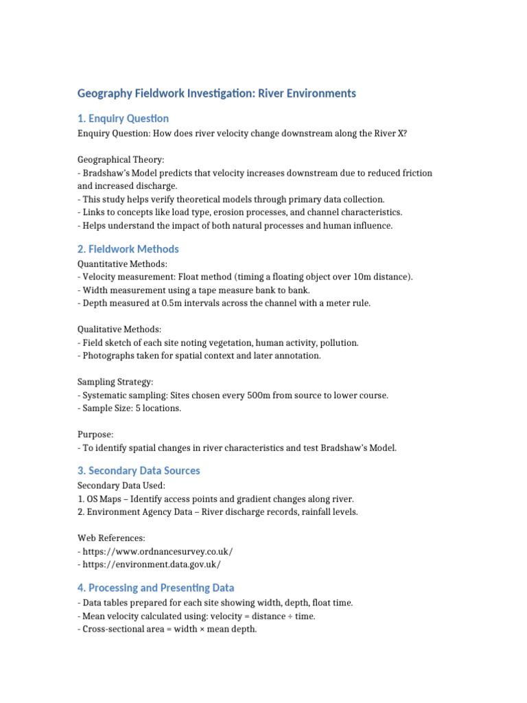Complete Geography Fieldwork River Environments | PDF | River ...