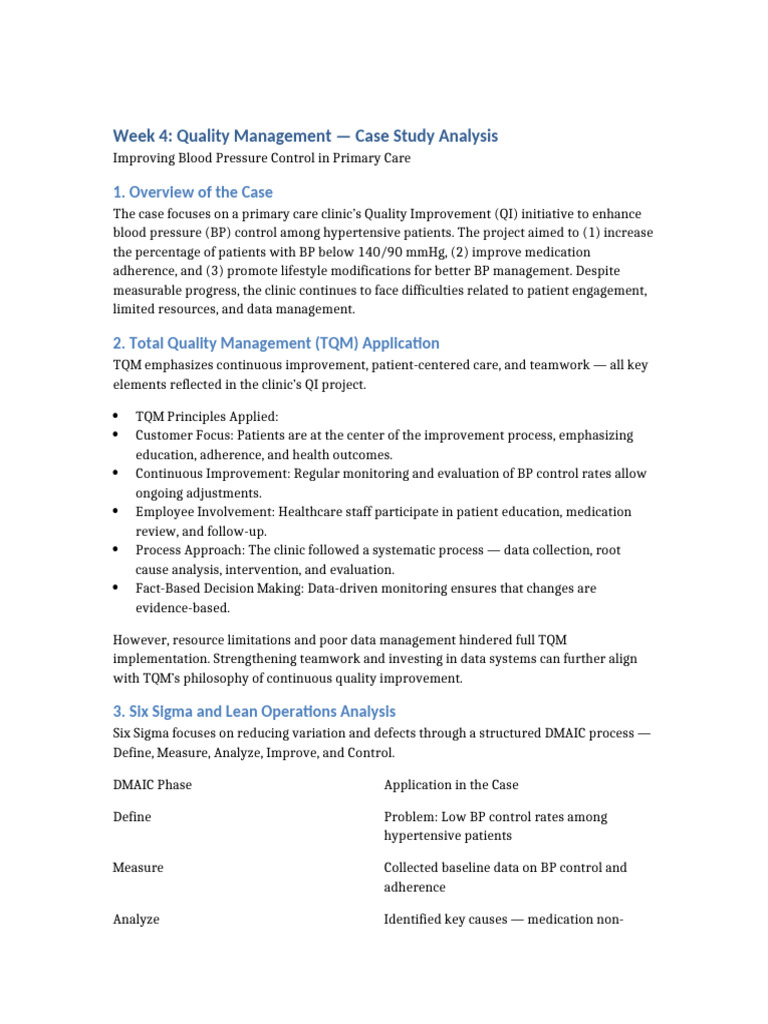Week4 Quality Management Case Study | PDF | Six Sigma | Hypertension