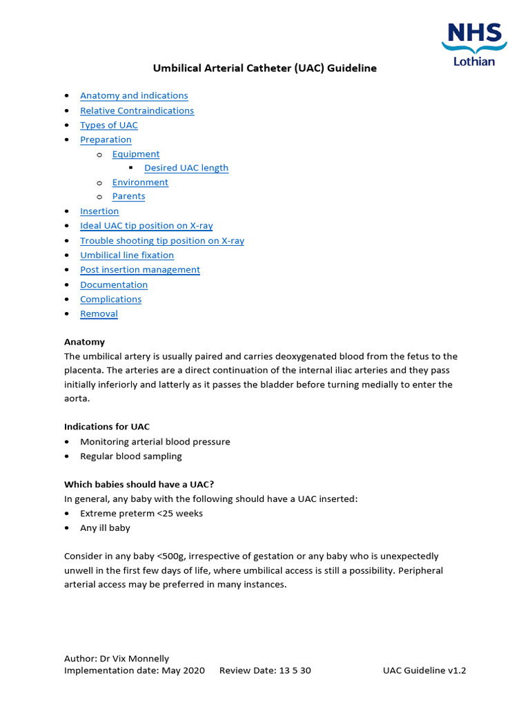 Umbilical Arterial Catheter (UAC) Guideline | PDF | Artery | Angiology