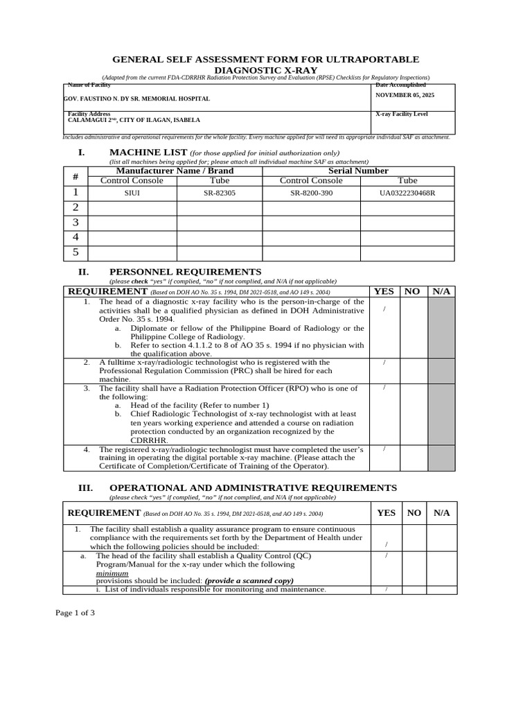 Self Assessment Form - Ultraportable | PDF | X Ray | Radiation Protection