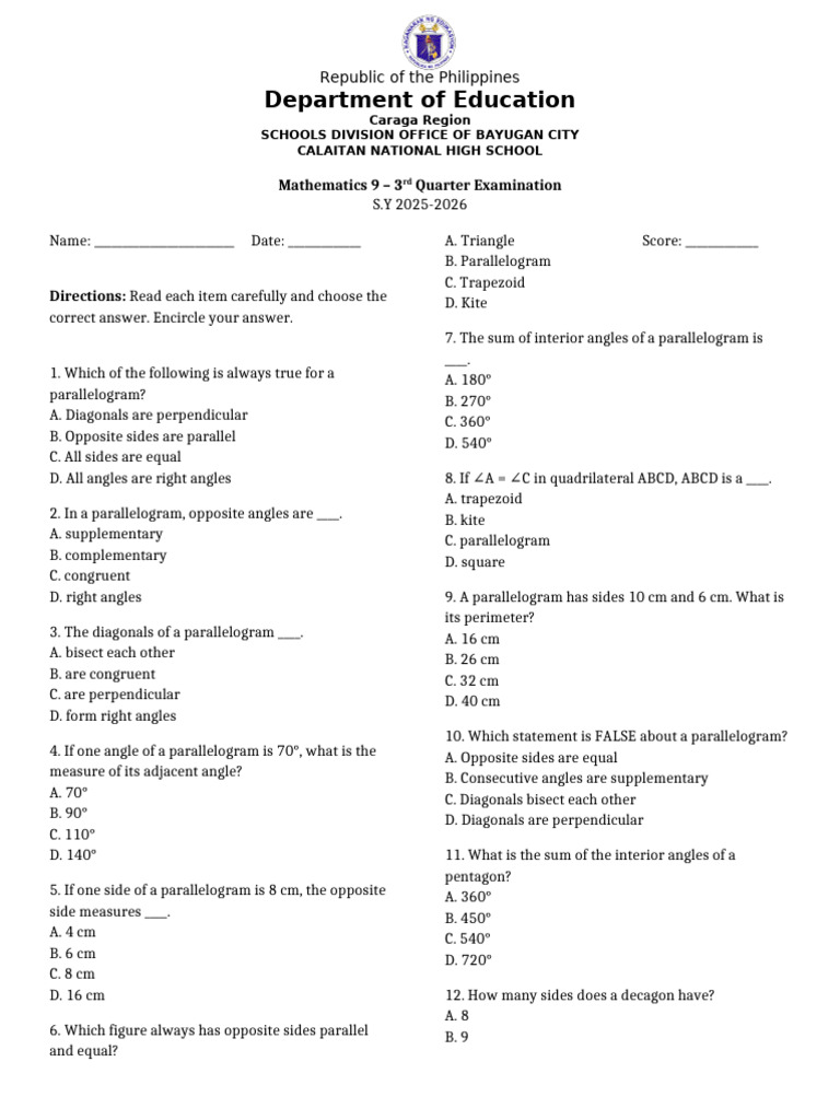 Mathematics 9 3rd Quarter Exam | PDF | Triangle | Elementary Geometry