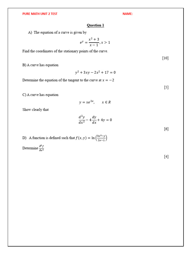 Differentiation Test Unit 2 2024 | PDF | Equations | Tangent