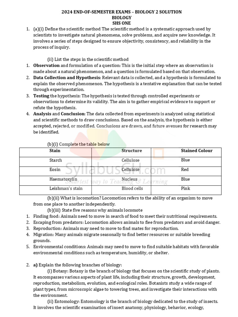 2024 End of Semester Biolgy 2 Solution | PDF | Nutrition | Diet & Nutrition