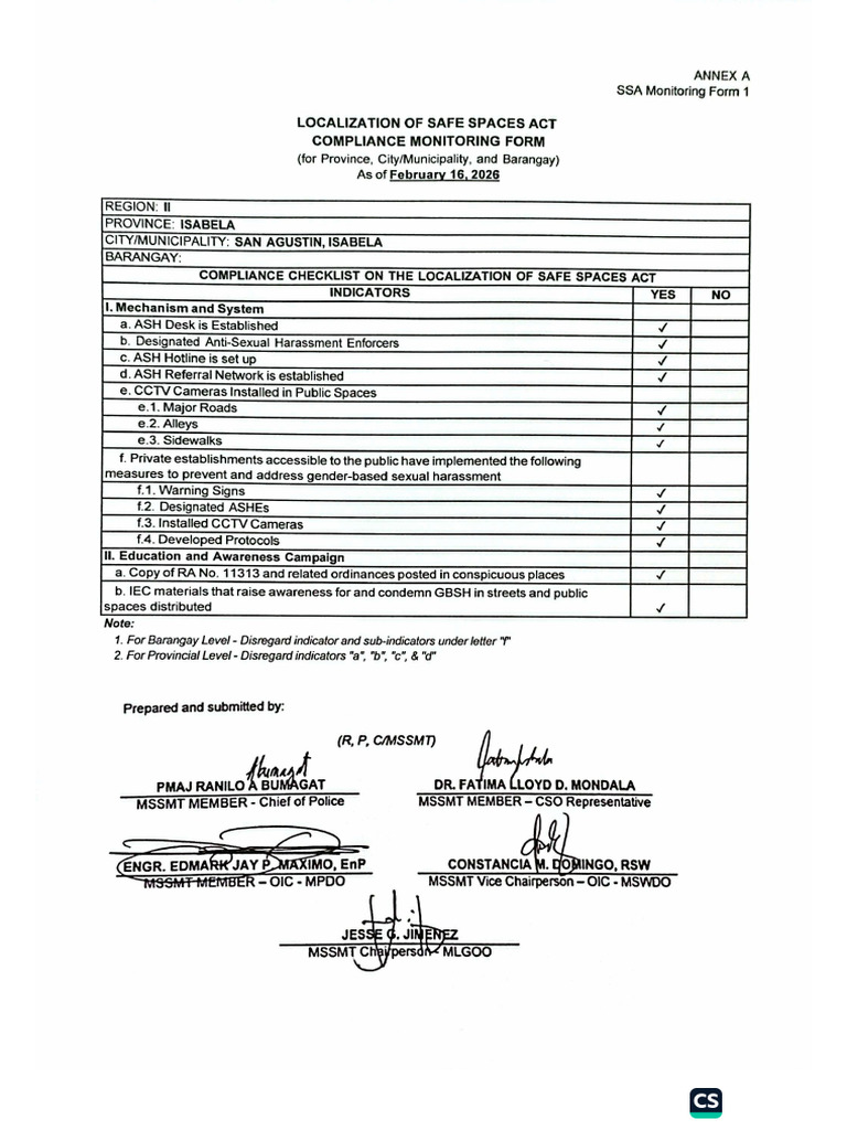 SEA Monitoring Form 1 - San Agustin | PDF