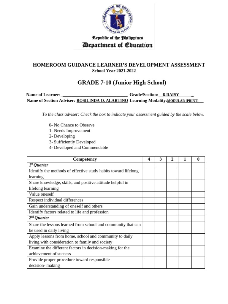 HOMEROOM GUIDANCE LEARNER'S DEVELOPMENT ASSESSMENT (Junior hIGH SCHOOL ...