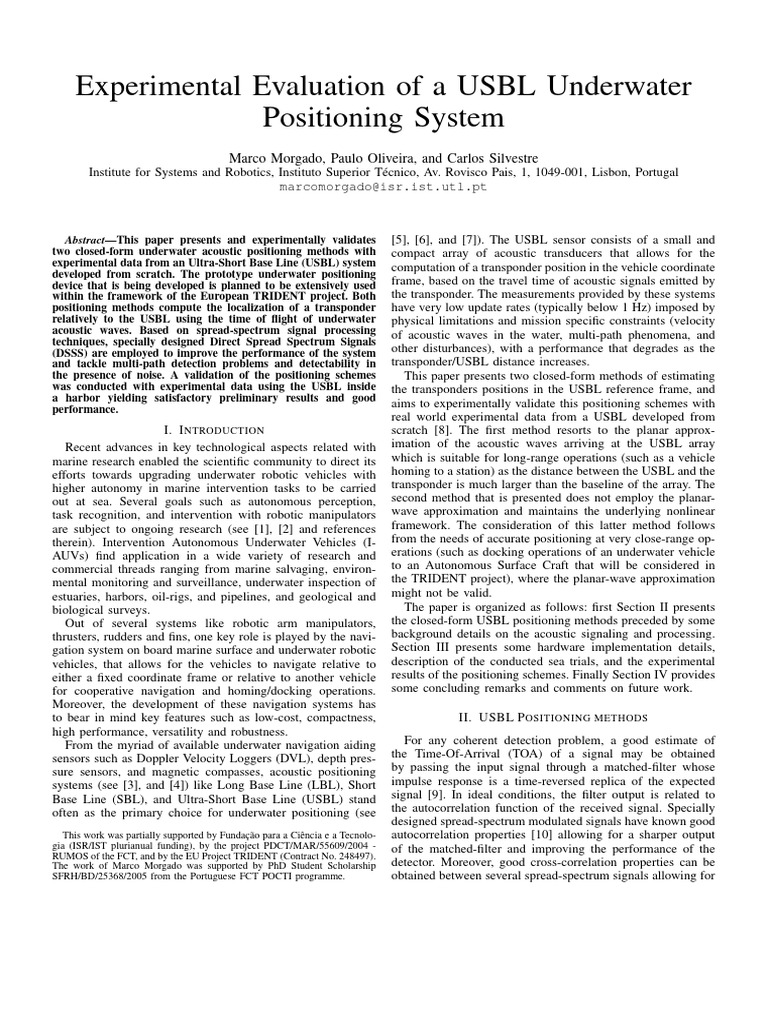 Experimental Evaluation of A USBL Underwater Positioning System | PDF ...
