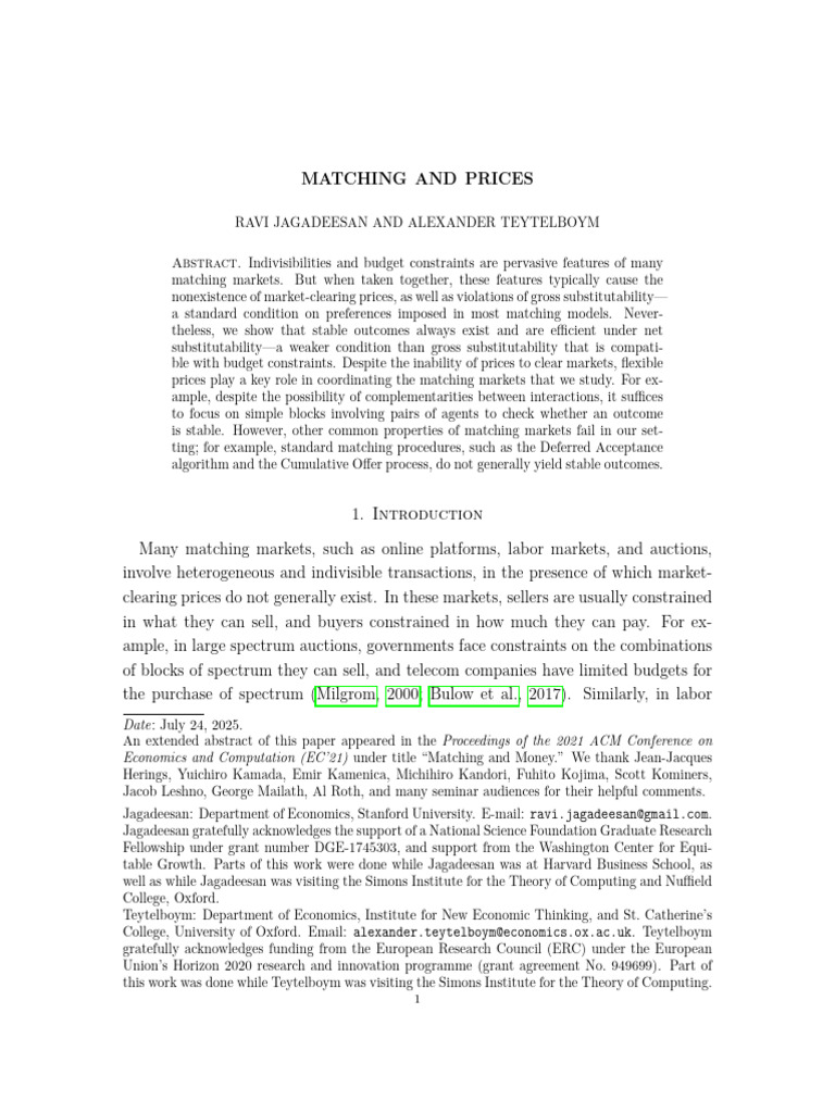Matching and Prices | PDF | General Equilibrium Theory | Economic ...