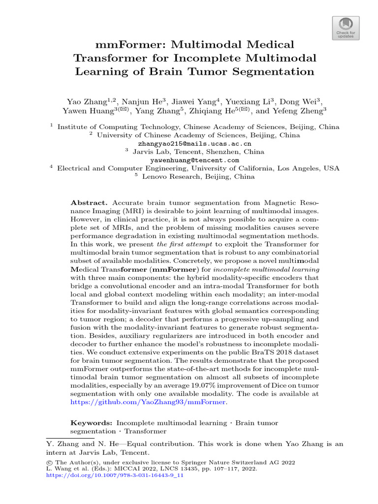 Multimodal Medical Transformer (MmFormer) | PDF | Magnetic Resonance ...