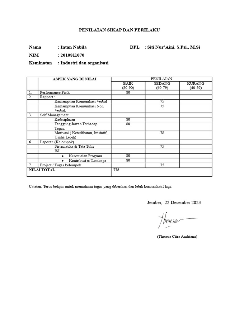 Form Penilaian DPL PKL RSU Unmuh Jember | PDF