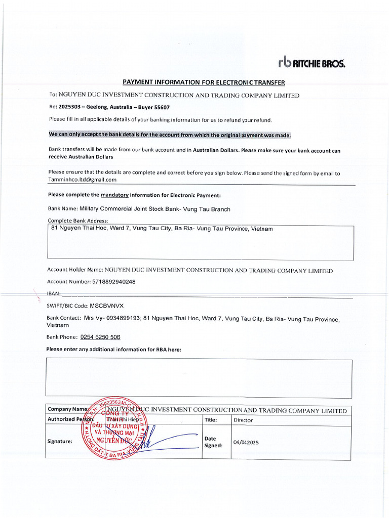 Australia Refund Form Non-Domestic Nguyen Duc | PDF