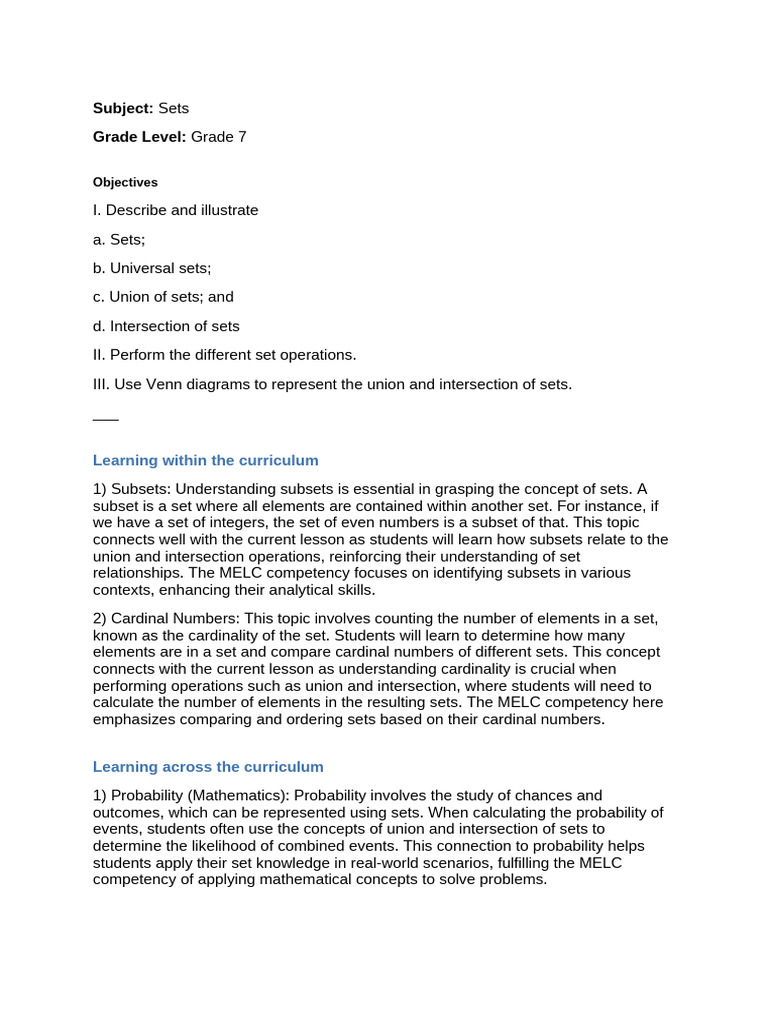 Lesson Plan Sets | PDF | Set (Mathematics) | Project Based Learning