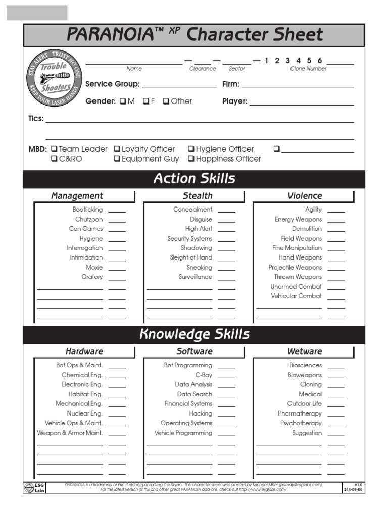 Paranoia XP Character Sheet PDF | PDF