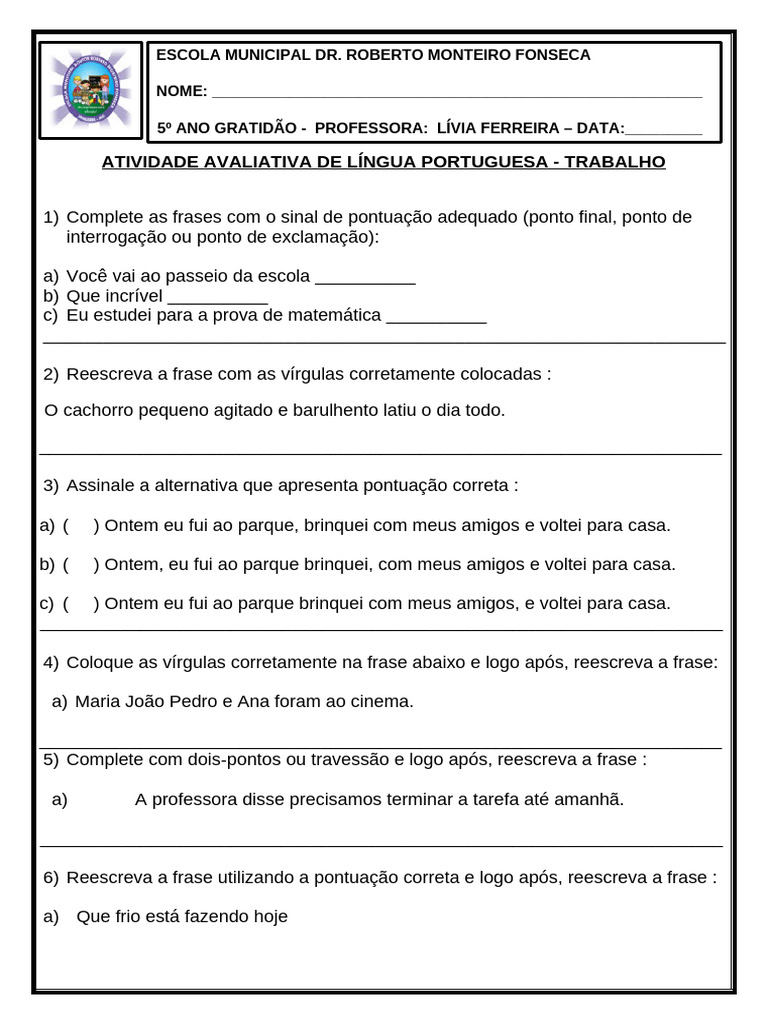 Exercicios de Pontuacao para 5o e 6o Ano Com Gabarito | PDF
