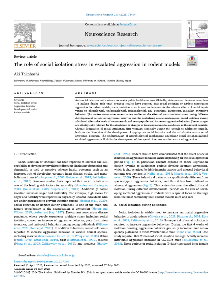 The Role of Social Isolation Stress in Escalated Aggression in Rodent ...