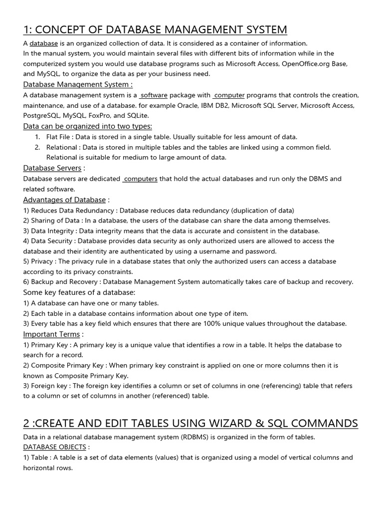 Class 10 IT (402) DBMS Imp Notes | PDF | Databases | Relational Database
