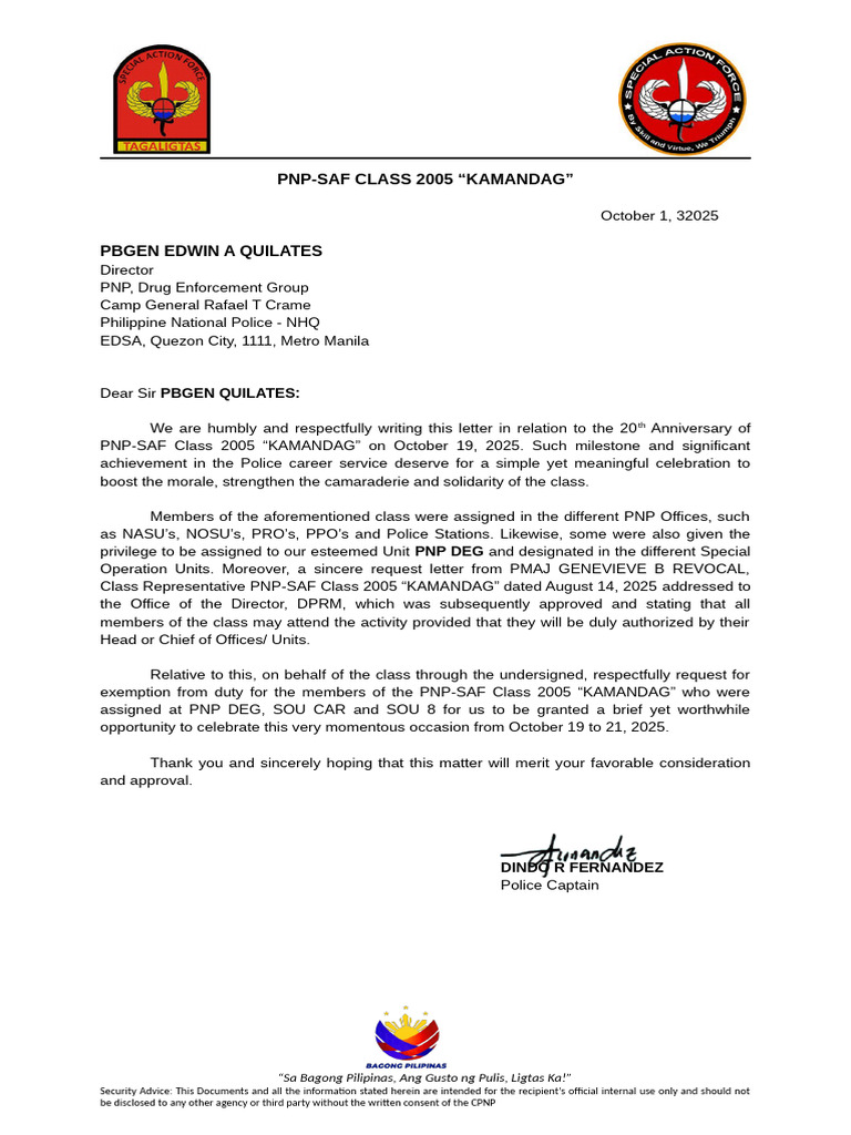 Request Letter For PNP SAF CLASS 2005 20th Anniversary | PDF ...