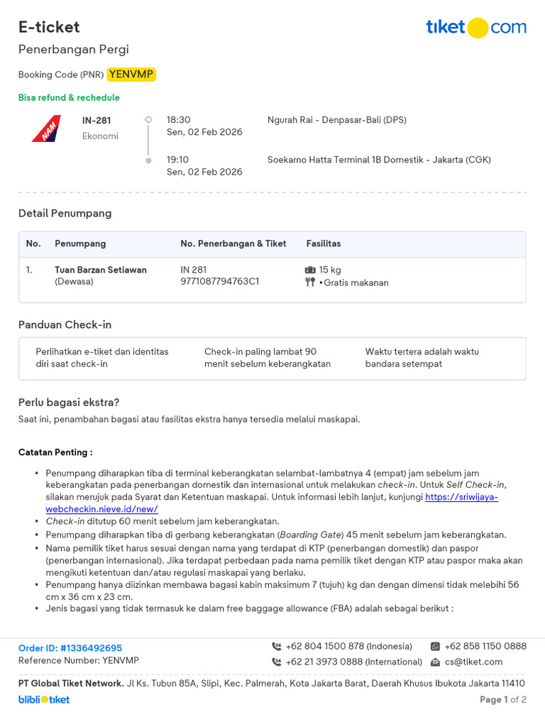 Flight e Ticket In281 Dps CGK Yenvmp | PDF