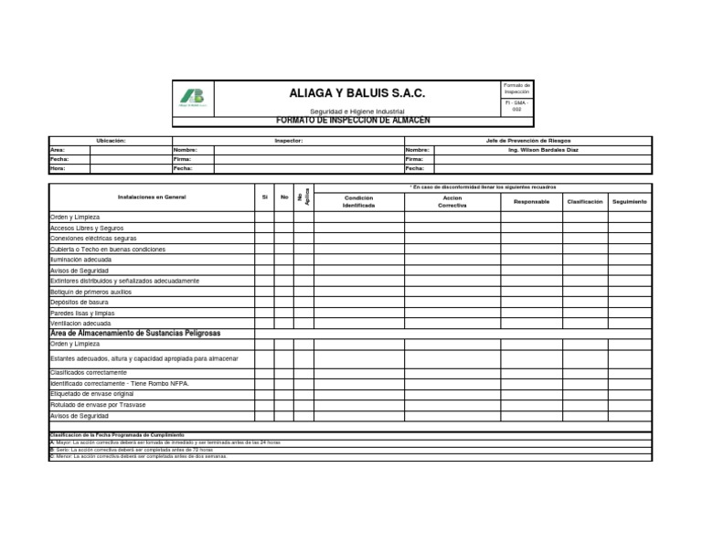 Formato de Inspección de Almacenes FI-SMA-002