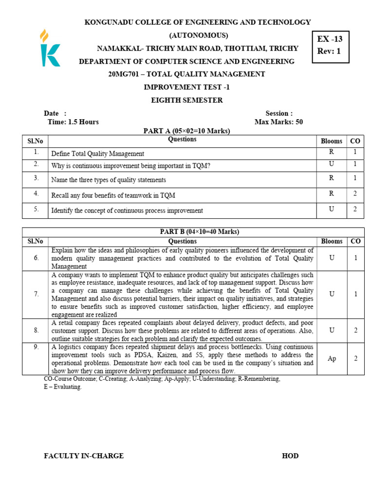 TQM Improvement Test 1 QP | PDF | Quality Management | Business