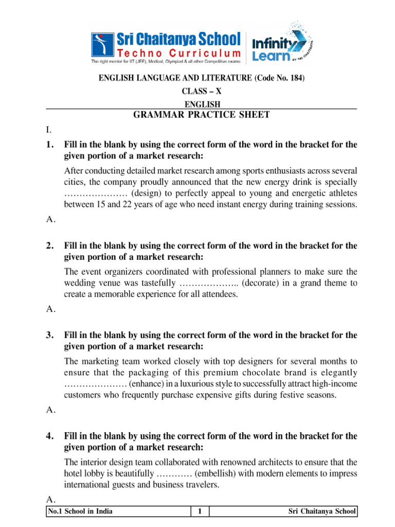 CBSE English Class X Questionwise Grammar Practice Sheet 2025-26 | PDF