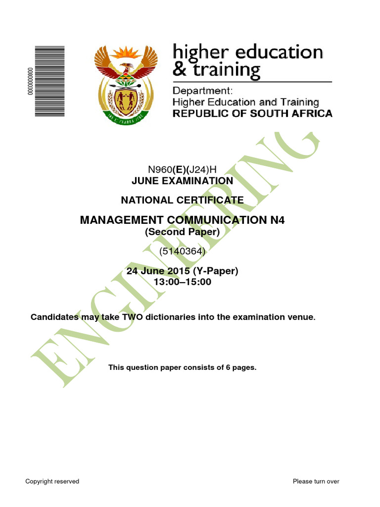 Man. Comms. Paper 2 N4 Y-Paper Jun 2015 | PDF | Communication | Psychology