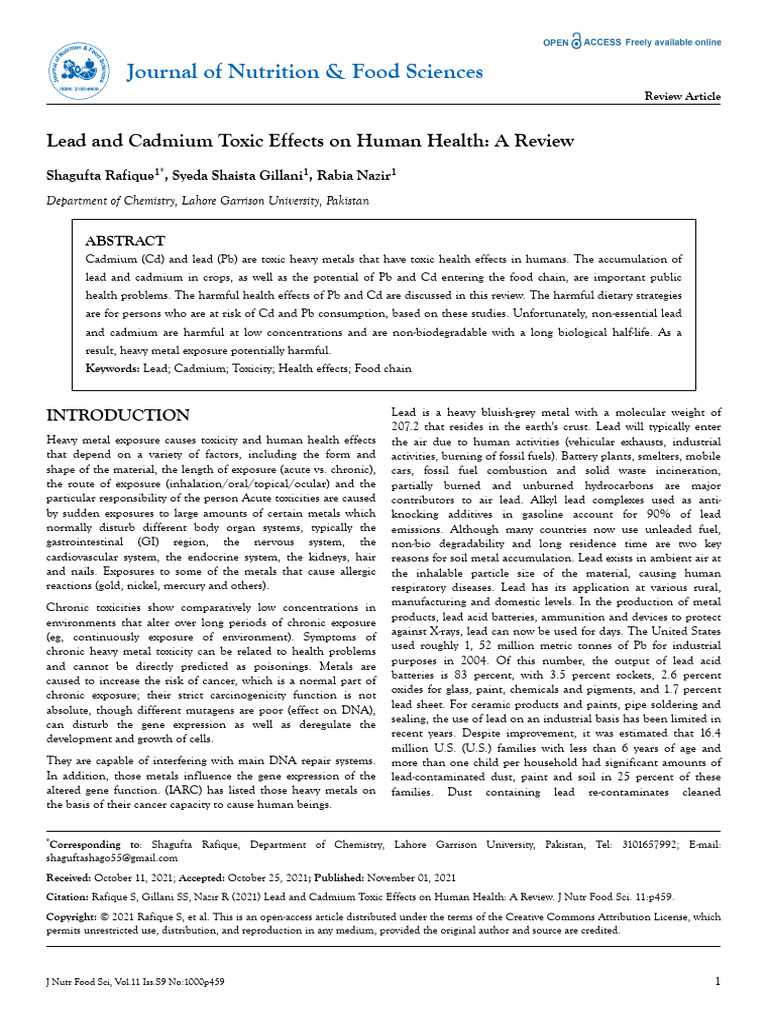Lead and Cadmium Toxic Effects On Human Health A Review | PDF | Cadmium ...