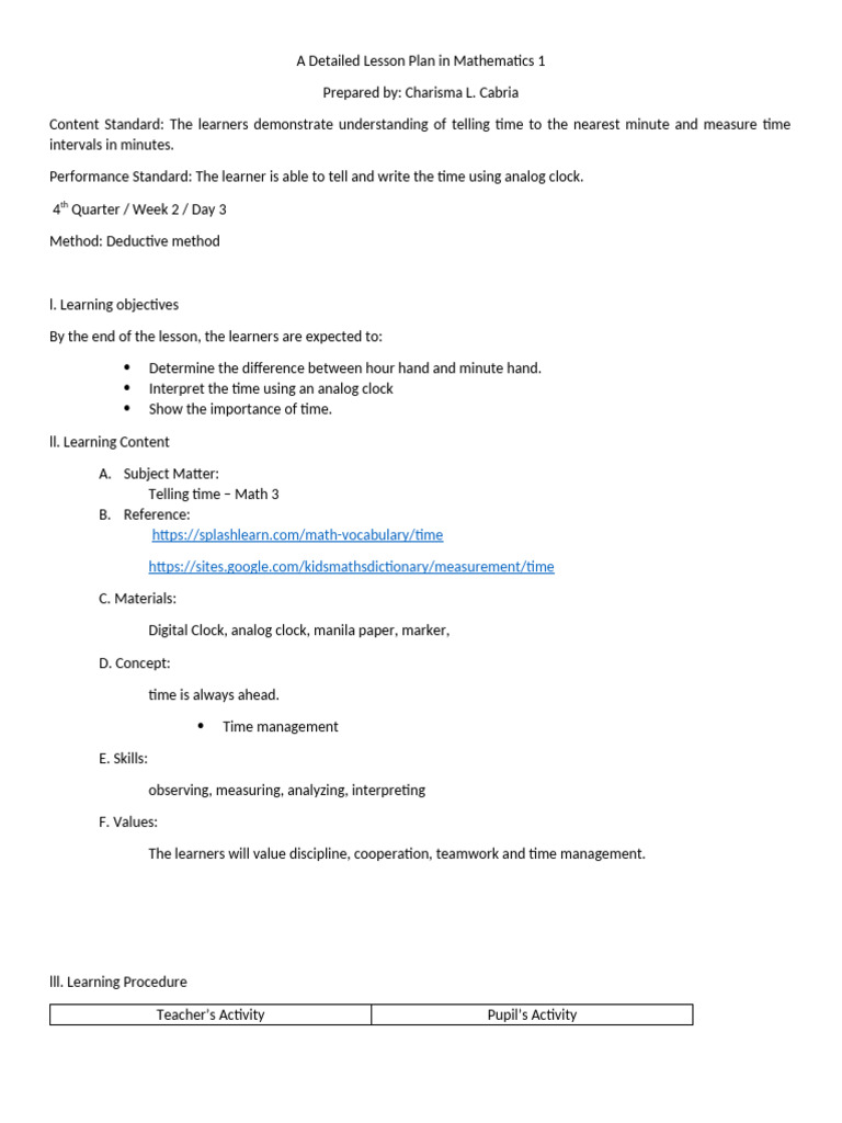 A Detailed Lesson Plan in Mathematics 1 | PDF | Clock | Lesson Plan