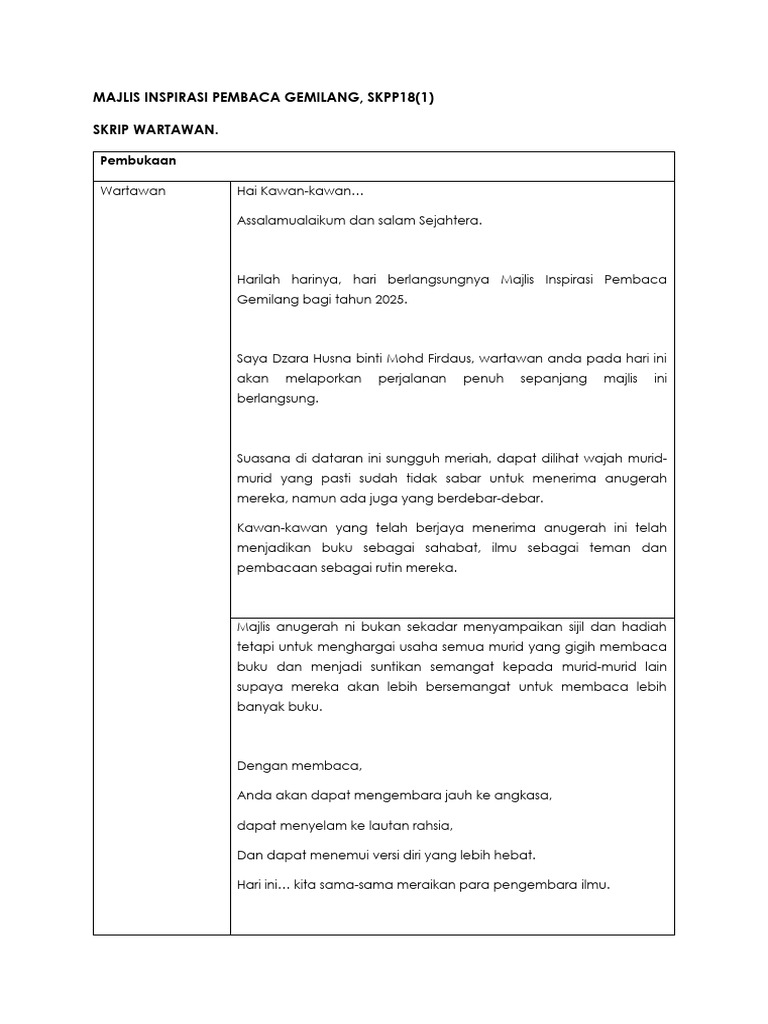 Skrip Majlis Inspirasi Pembaca Gemilang-1 | PDF