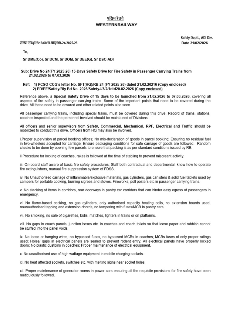 Launched Letter of RB 24 15 Days Safety Drive For Fire Safety in ...