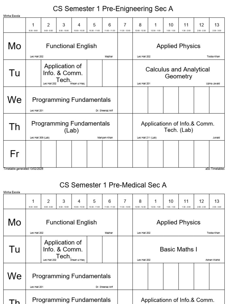 SP 2026 Semester Wise Timetable | PDF | Mathematics | Computing