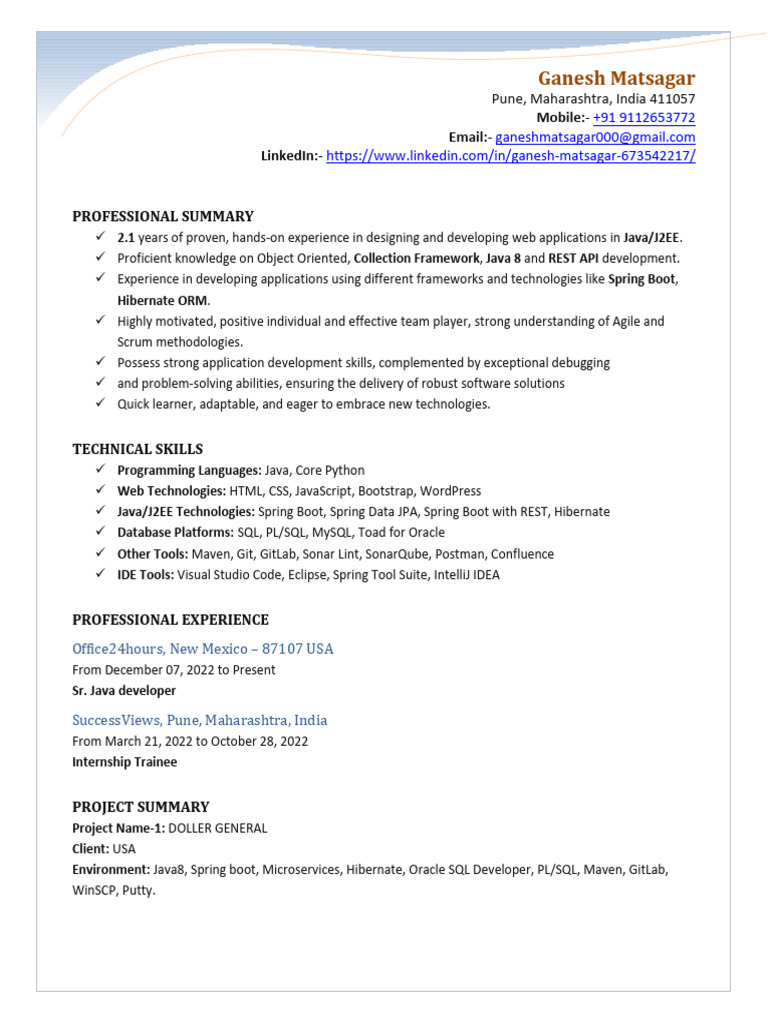 Ganesh Matsagar Java Developer | PDF | Java (Programming Language ...