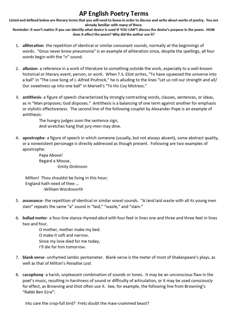 AP English Poetry Terms Whitsett | PDF | Poetry | Metre (Poetry)