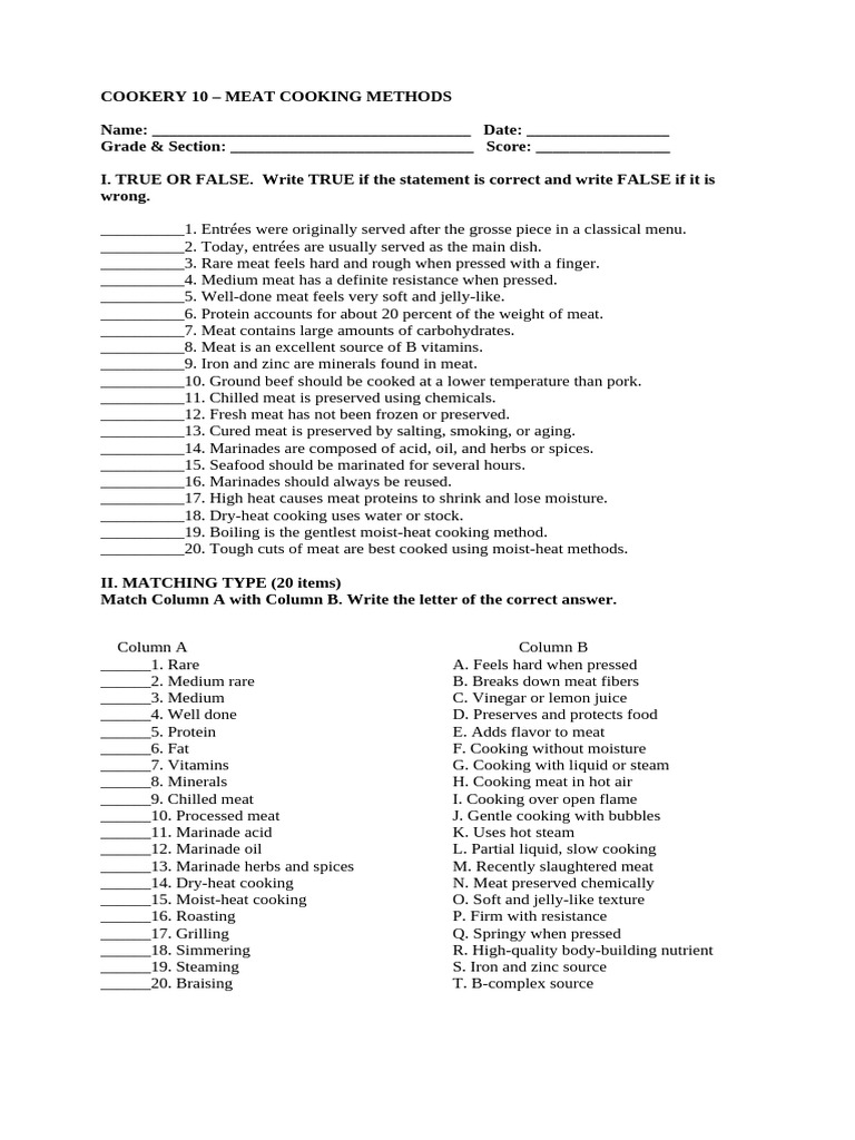 Cookery 10 Meat Cooking Assessment Print Ready | PDF | Cooking | Meat