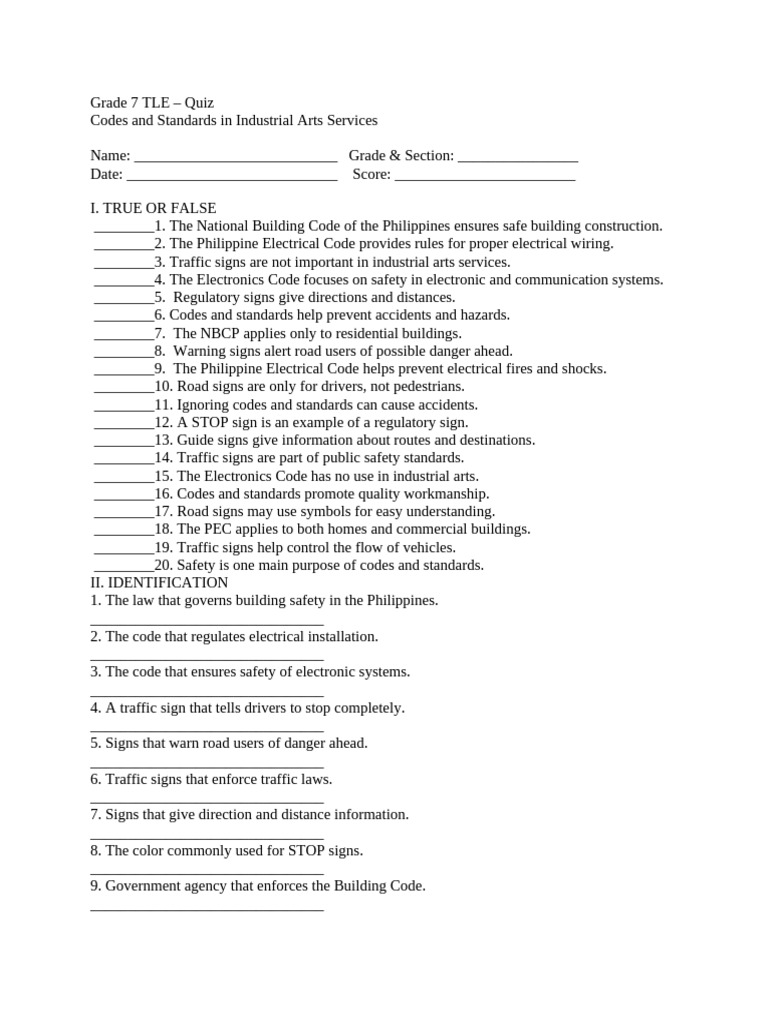 Grade 7 TLE Codes and Standards Quiz | PDF | Traffic | Road