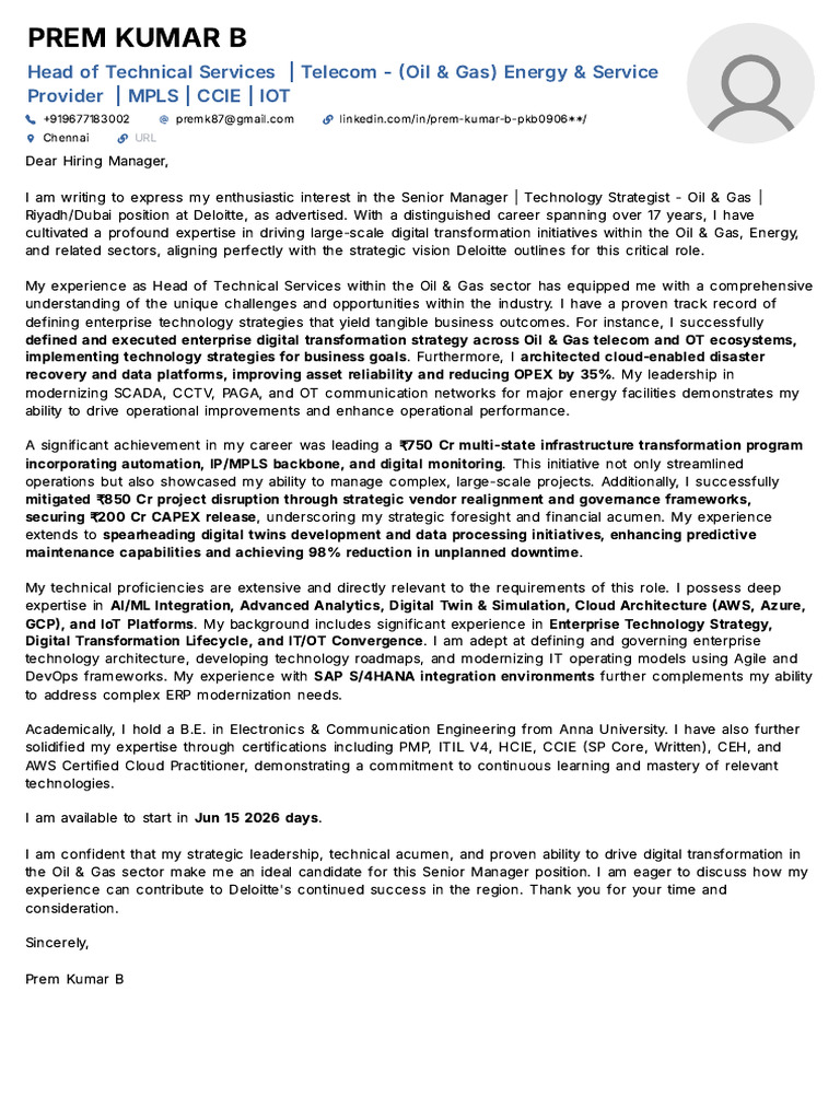 Deloitte's Cover Letter | PDF | Computing