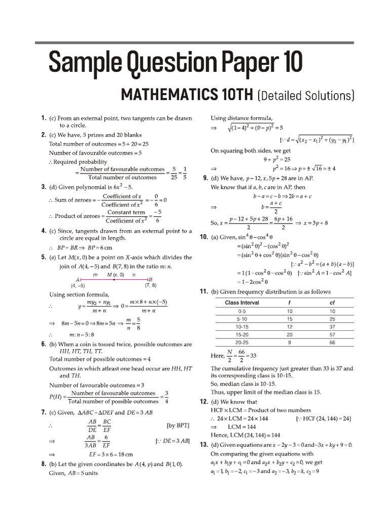 I SucceedMaths10thBasicSample Paper 10 Sol | PDF