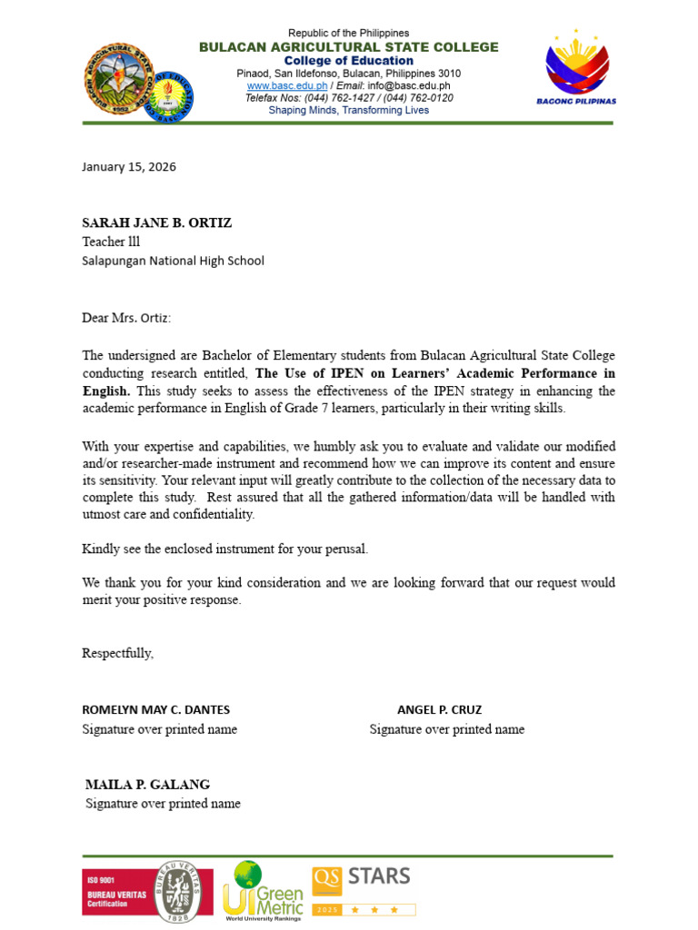 Action Research - Instrument Validation Letter Template | PDF | Cognition