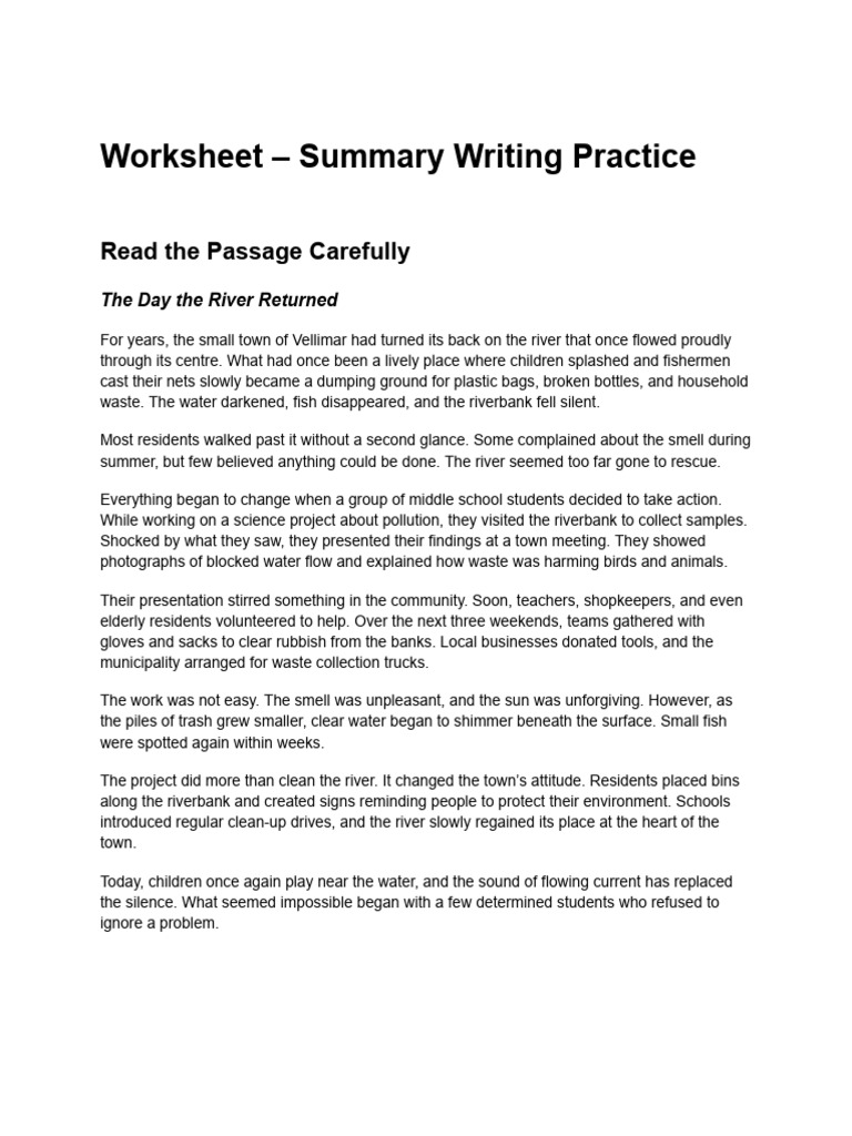 Worksheet - Summary Writing Practice G7 | PDF