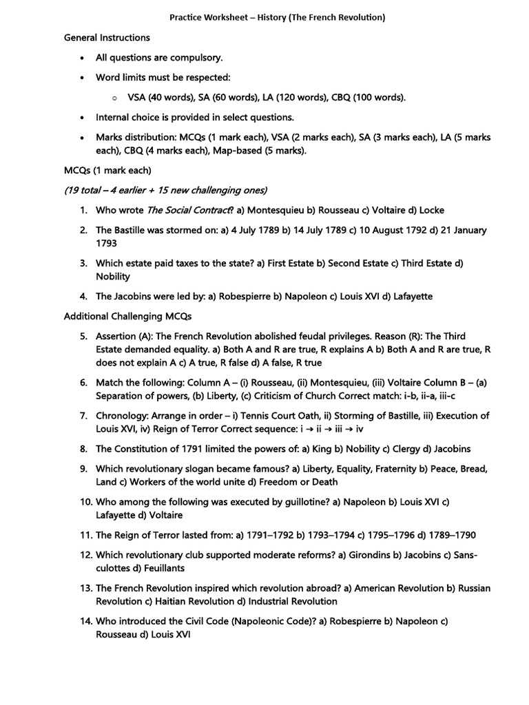Practice Worksheet - History (The French Revolution) | PDF | French ...