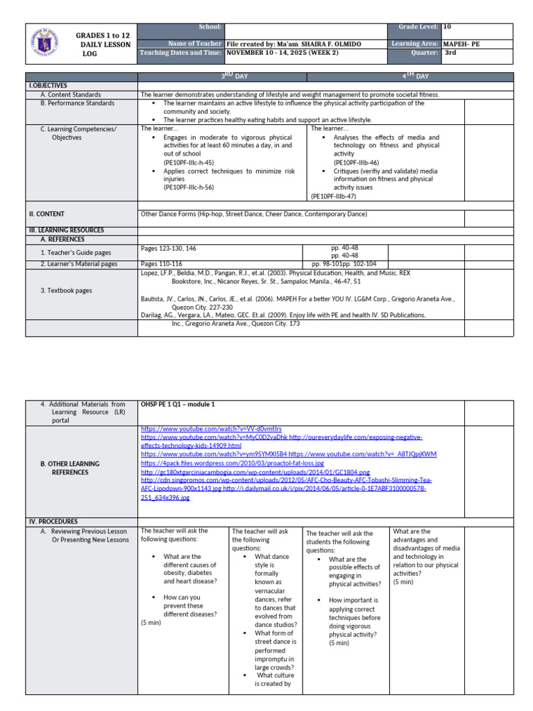 Matatag DLL Pe g10 q3 w2 | PDF