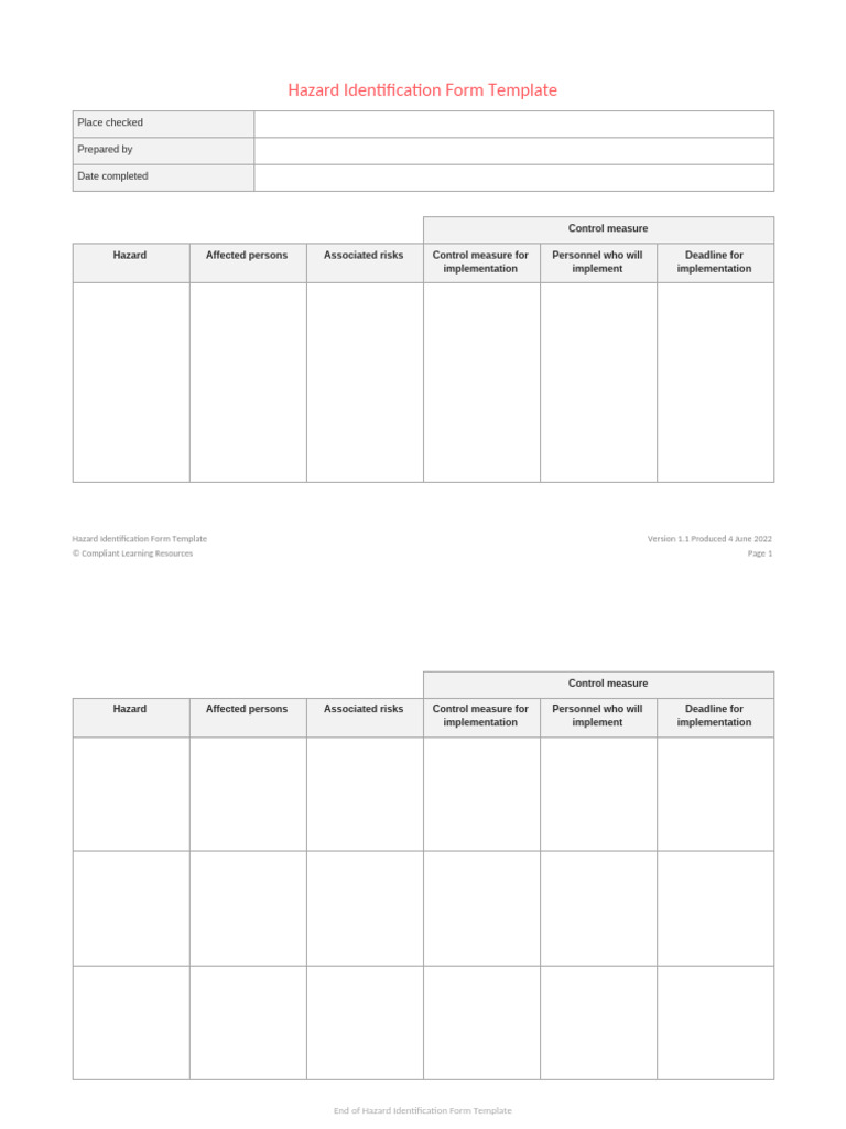Hazard Identification Form Template v1.1 | PDF