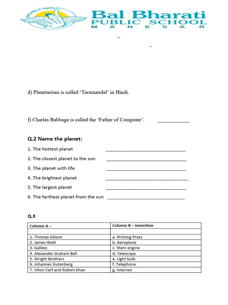 Class - 3 Practice Worksheet - 4 | PDF