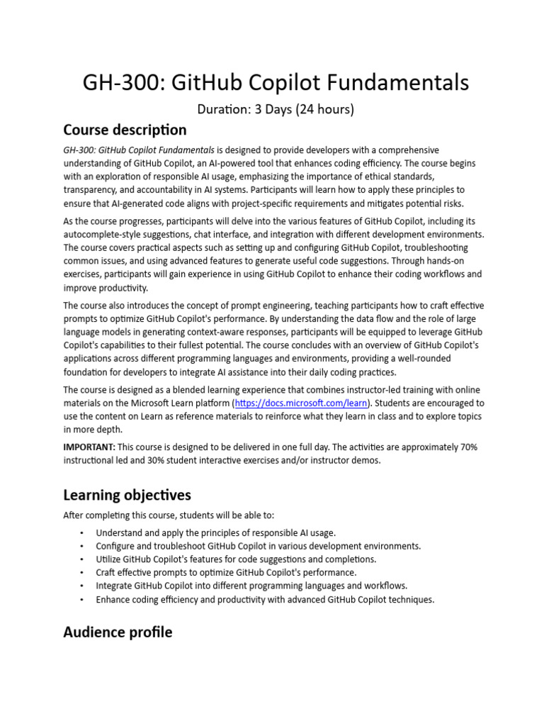 Gh-300: Github Copilot Fundamentals: Course Description | PDF ...
